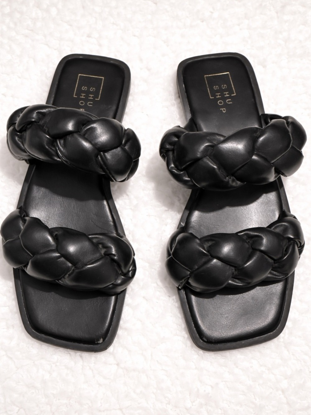 Shu Shop Black Braided Slide Sandals Square Toe Slip On
